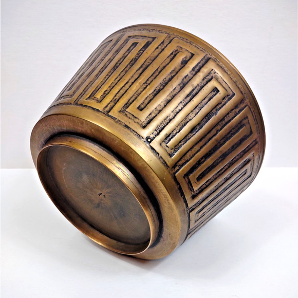 Vintage Solid Brass Heavy Jardineer Planter Urn Pot 9" Geometric Pattern Moorish - Picture 2 of 10